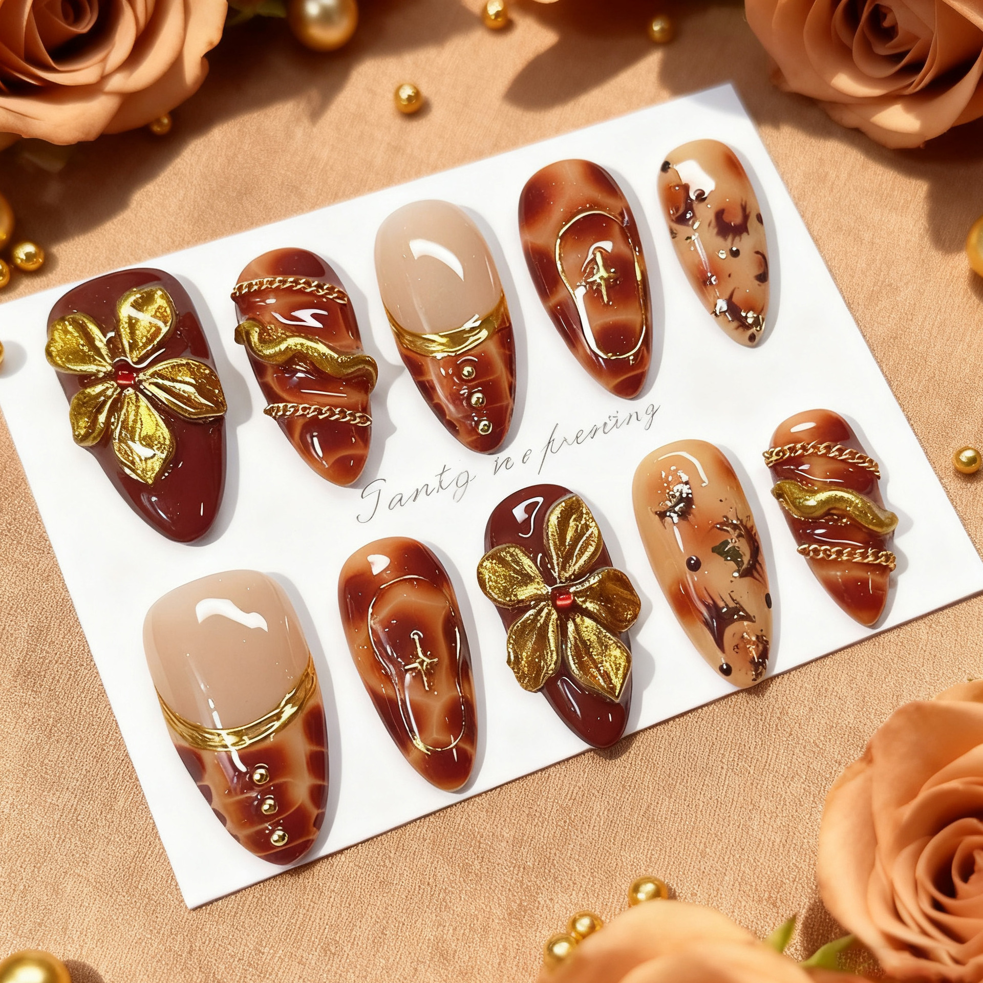 24pcs Flower False Nails Brown - Pressed Flower Art ulasan dan harga