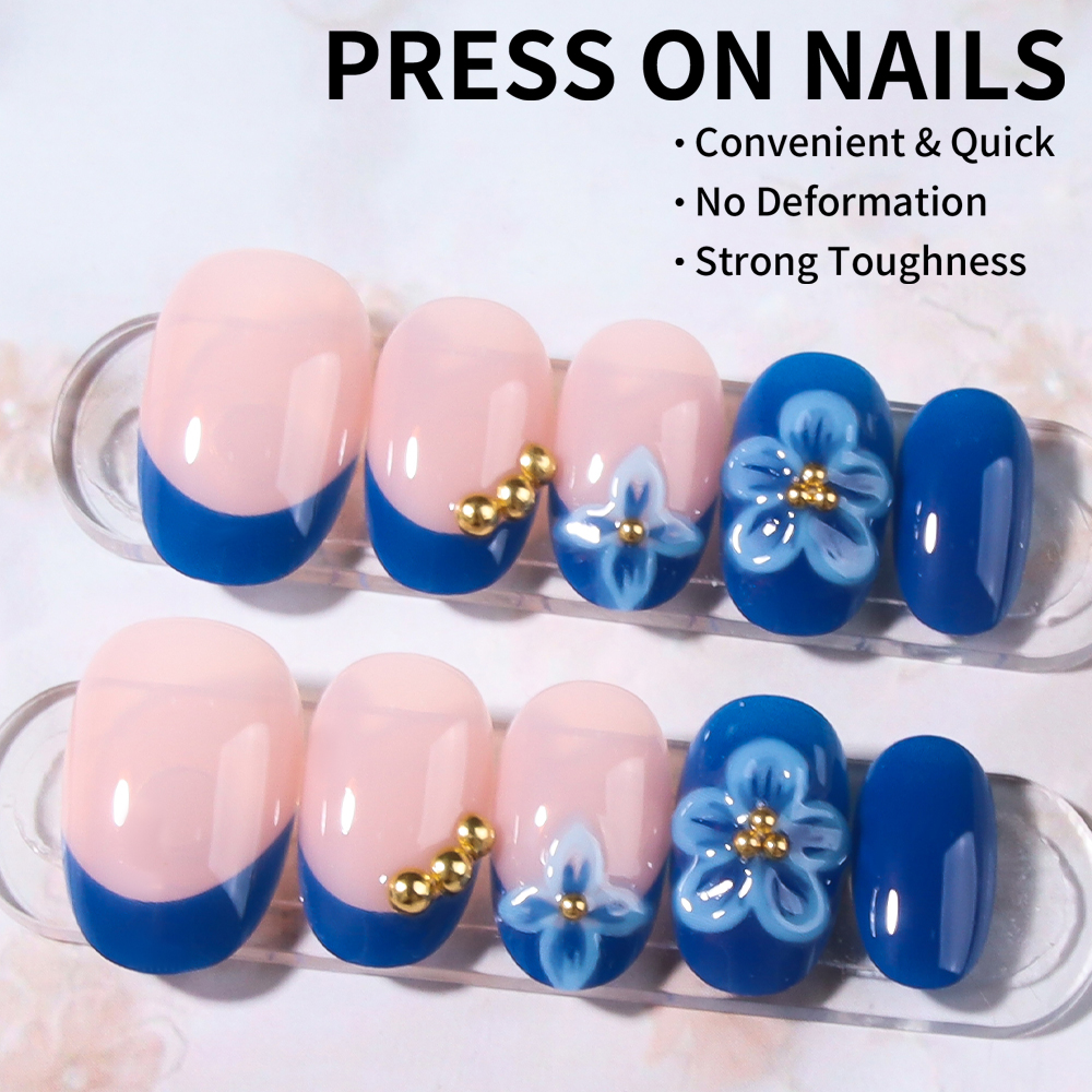 24pcs Short Oval 3D Gel Nail S - Pressed Flower Art ulasan dan harga